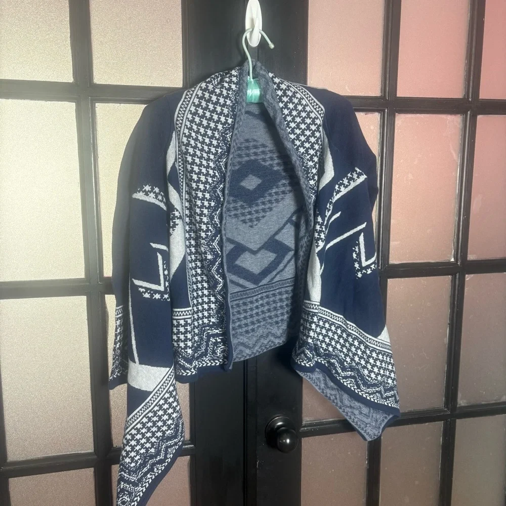 Dana Buchman Navy Cream Geometric Open Front Cardigan Small